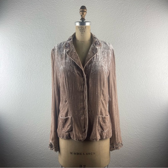 Elie Tahari l 12 Luxury Crushed Velvet Delicate Floral Beaded Snap Blazer Jacket